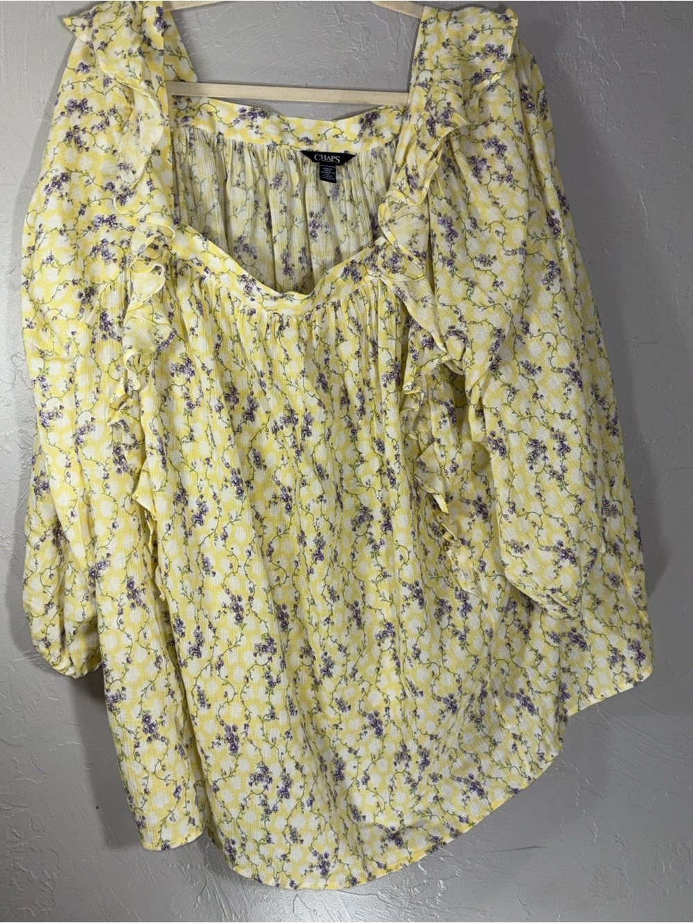 Chaps Yellow Floral Ruffle-Trim Peasant Blouse - Picture 10 of 14